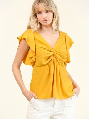 Flutter Sleeve Knot Front Top - Mustard